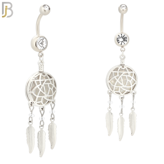 N008 - 316L Stainless Steel Dangling Opal Dreamcatcher Design Belly Ring with 4mm Screw Ball image 1