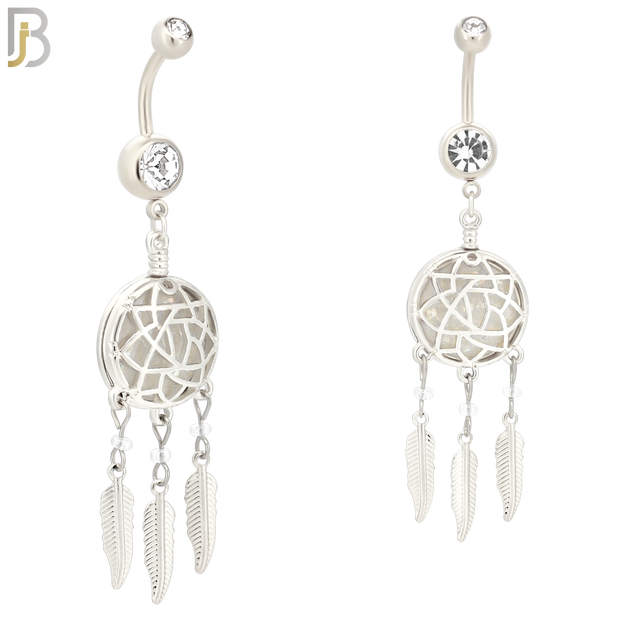 N008 - 316L Stainless Steel Dangling Opal Dreamcatcher Design Belly Ring with 4mm Screw Ball image 1