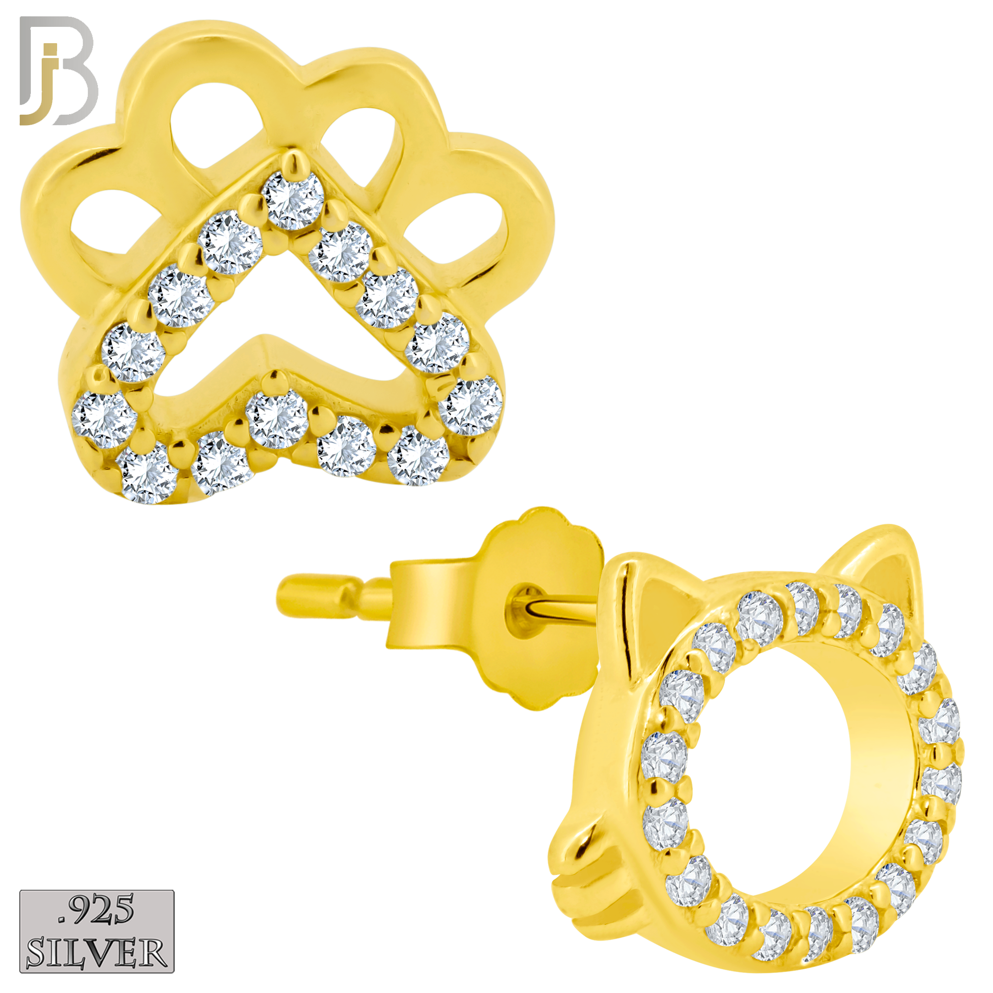 925-ES217 – Push back - .925 Sterling Silver Cat Head and Paw Mismatched Design Earring Stud with Zircon image 2