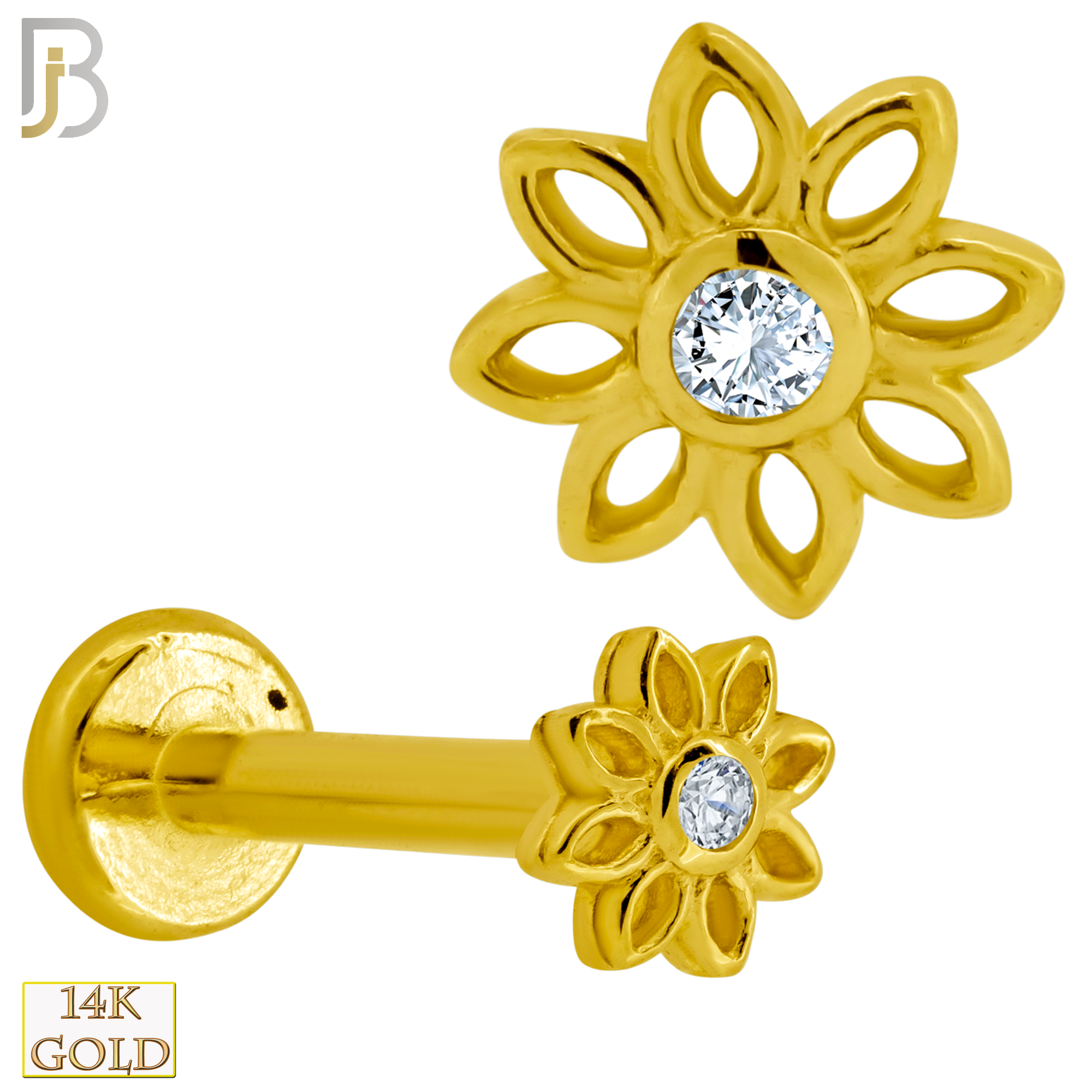 14-LB52 - 14k Gold Hollow Flower Labret with Round Zircon Center - Yellow Gold image
