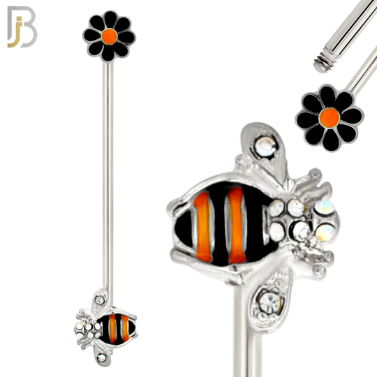 BB21 - 316L Surgical Steel Screw Bar Bee with Flower Design with Zircon Barbell Industrial (PACK OF 4) image 1