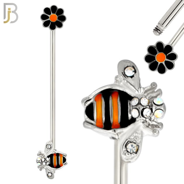 BB21 - 316L Surgical Steel Screw Bar Bee with Flower Design with Zircon Barbell Industrial (PACK OF 4) image 1