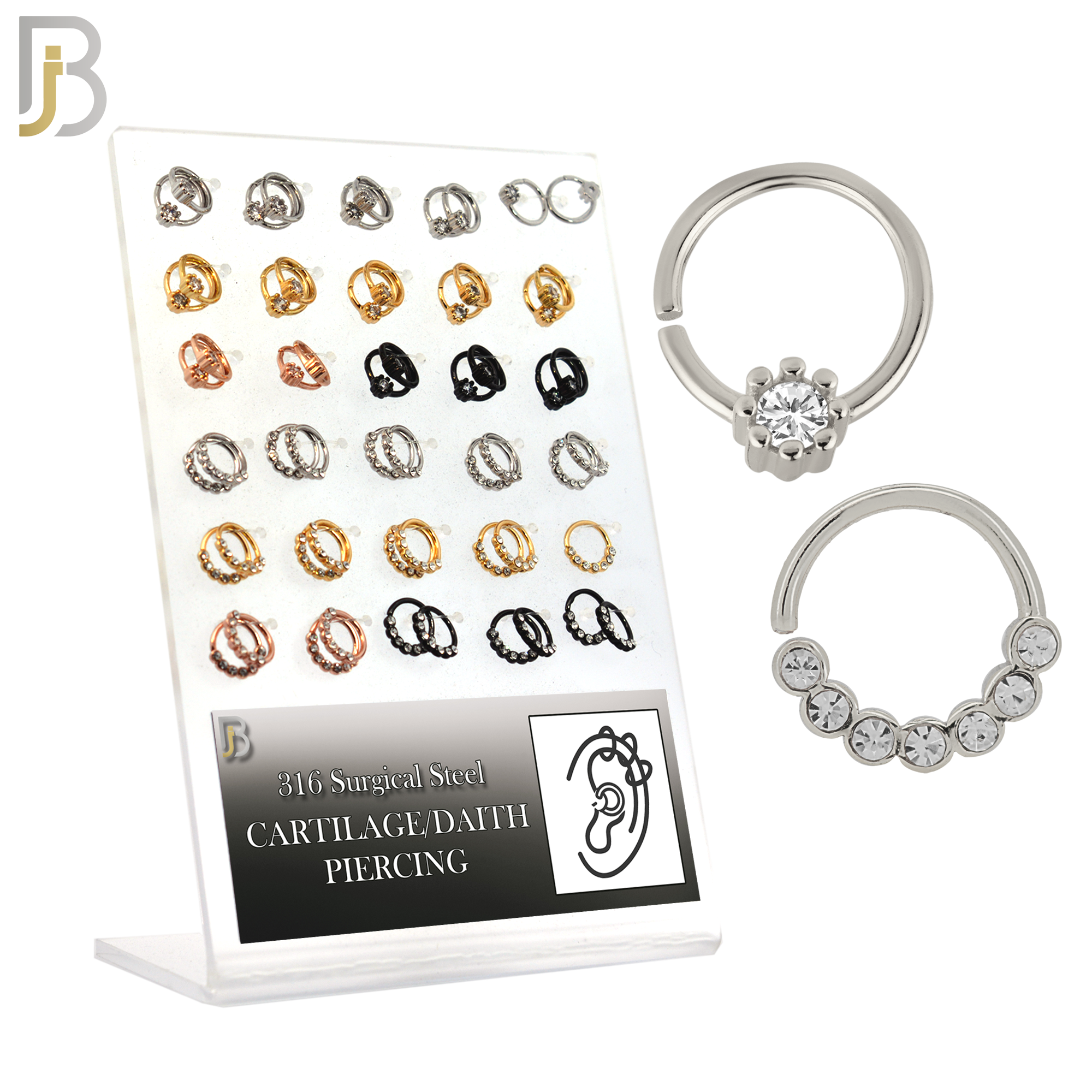 PK-TH03- 316L Surgical Steel Two Different Designs Tragus - Helix Hoop Piercing with CZ - Pack of 60 Pairs image 0