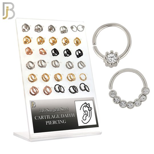 PK-TH03- 316L Surgical Steel Two Different Designs Tragus - Helix Hoop Piercing with CZ - Pack of 60 Pairs image 0