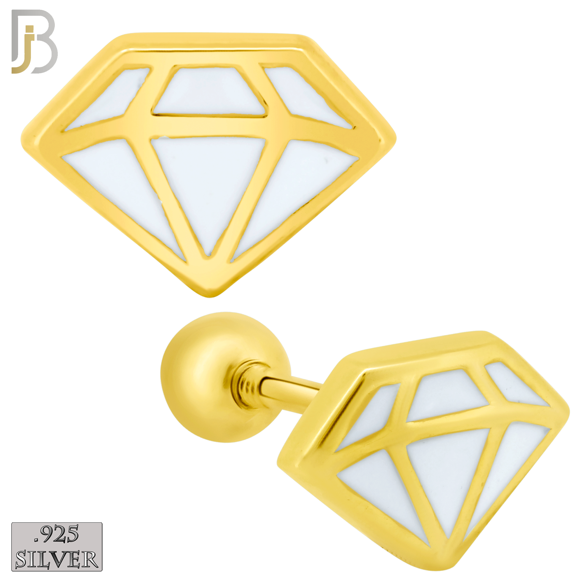 925-ES428 - Screw Ball Back - .925 Sterling Silver White Enamel Diamond Design Earrings Stud image 1