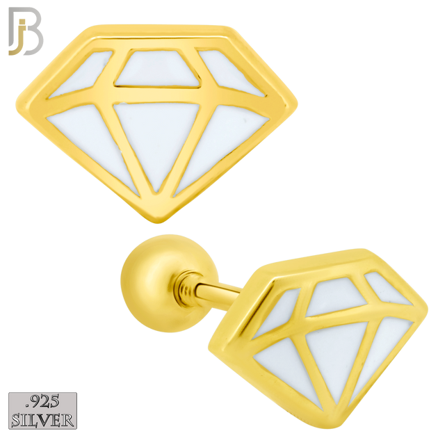 925-ES428 - Screw Ball Back - .925 Sterling Silver White Enamel Diamond Design Earrings Stud image 1