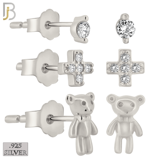 925-ES388 - .925 Sterling Silver Three Set Stud Earrings (Single CZ in two Prong, Cross & Heart Mismatched, Teddy Bear) image 0