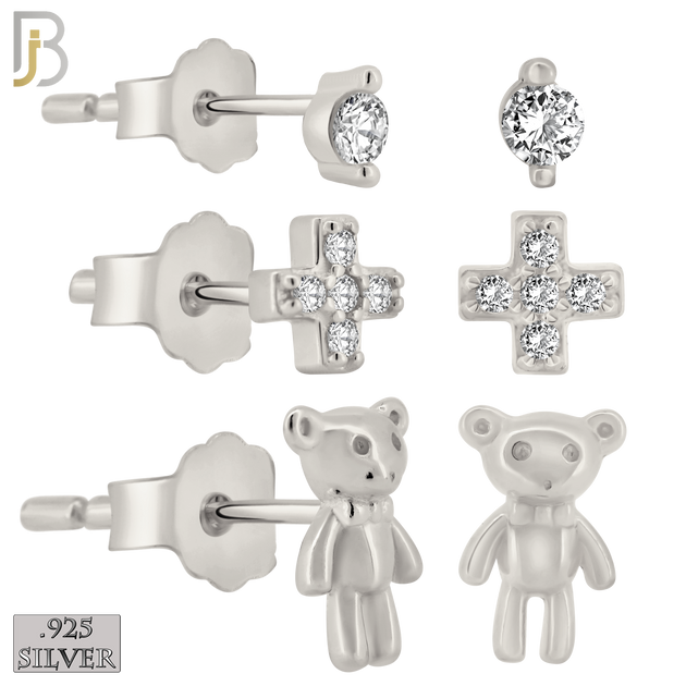 925-ES388 - .925 Sterling Silver Three Set Stud Earrings (Single CZ in two Prong, Cross & Heart Mismatched, Teddy Bear) image 0