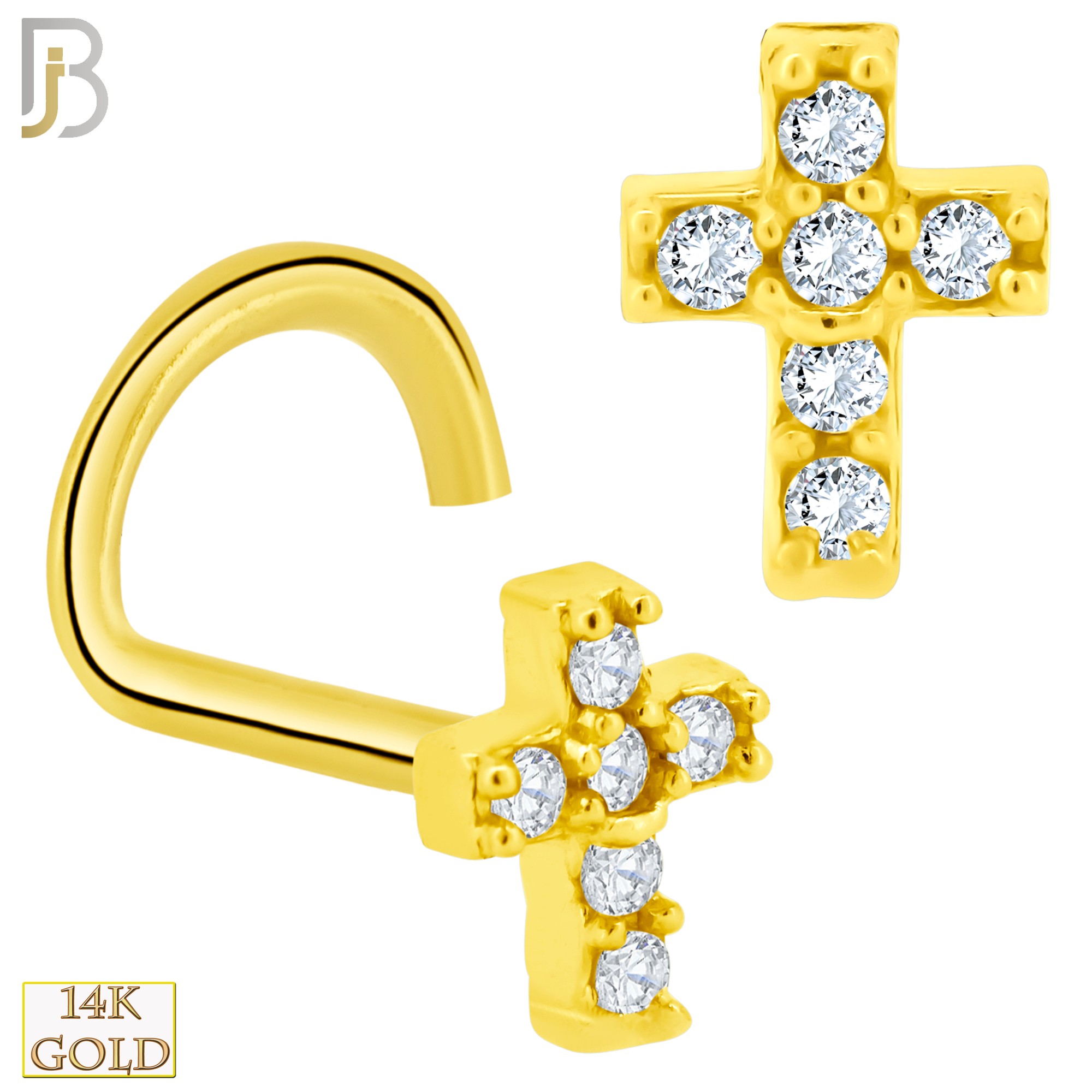 14-NR55C - 14k Solid Gold Corkscrew Cross Design Clear Zircon image 0