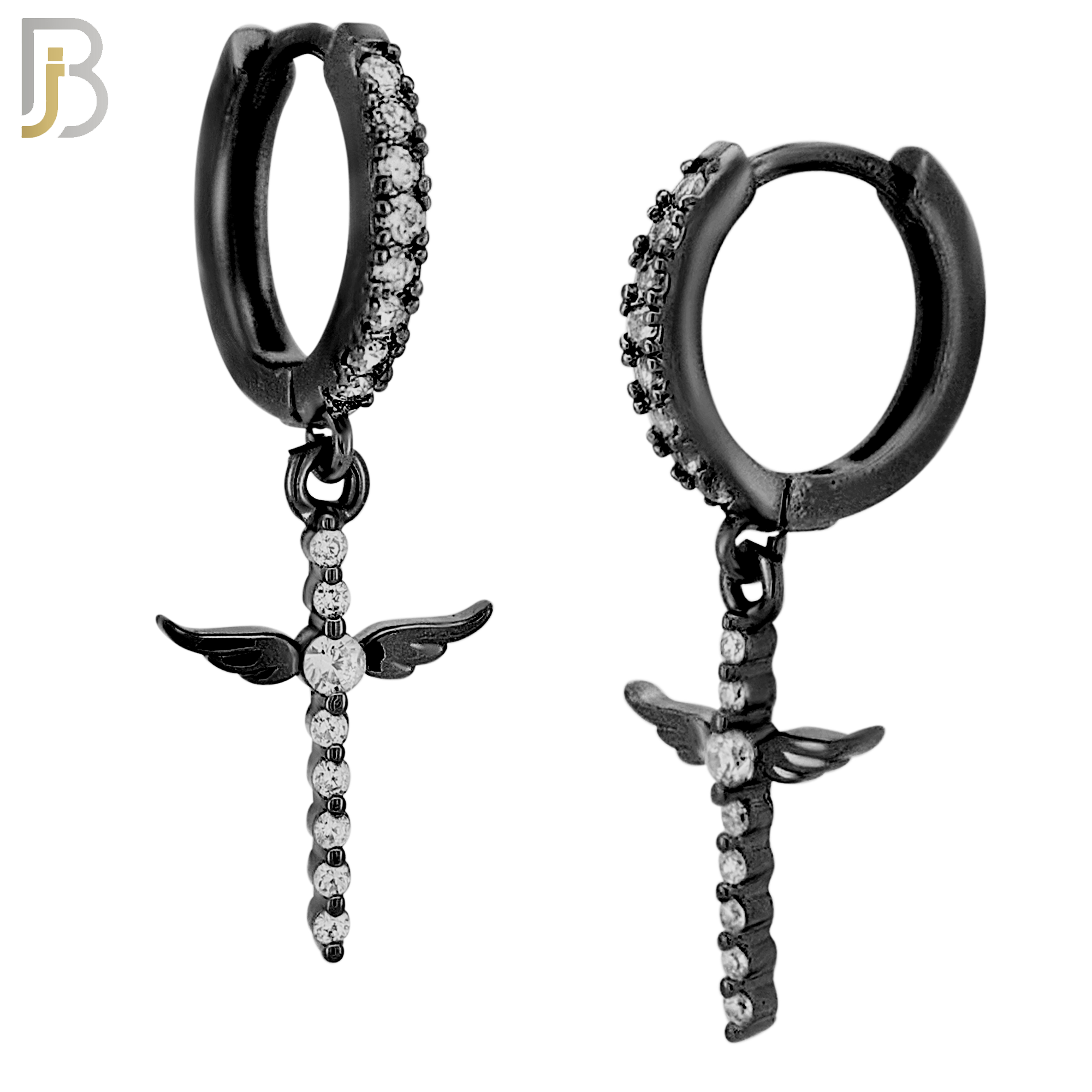 ES111 - 316L Stainless Steel Dangling Angel Wing Cross with Zircon Huggies Clip On image 3