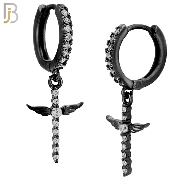 ES111 - 316L Stainless Steel Dangling Angel Wing Cross with Zircon Huggies Clip On image 3