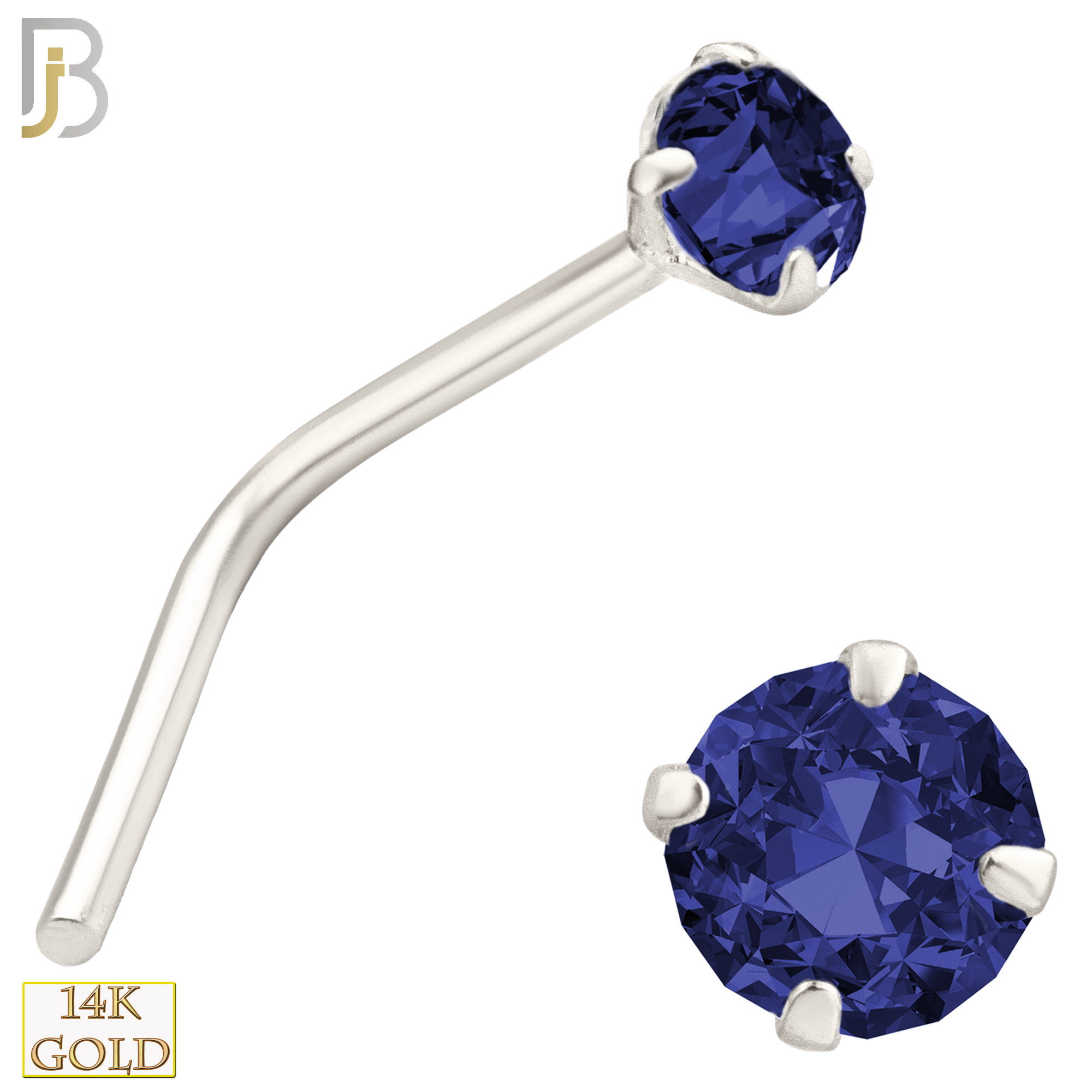 14-NR10CWS - 20g 14k White Gold L-Shaped with Blue Sapphire Colored CZ image 3