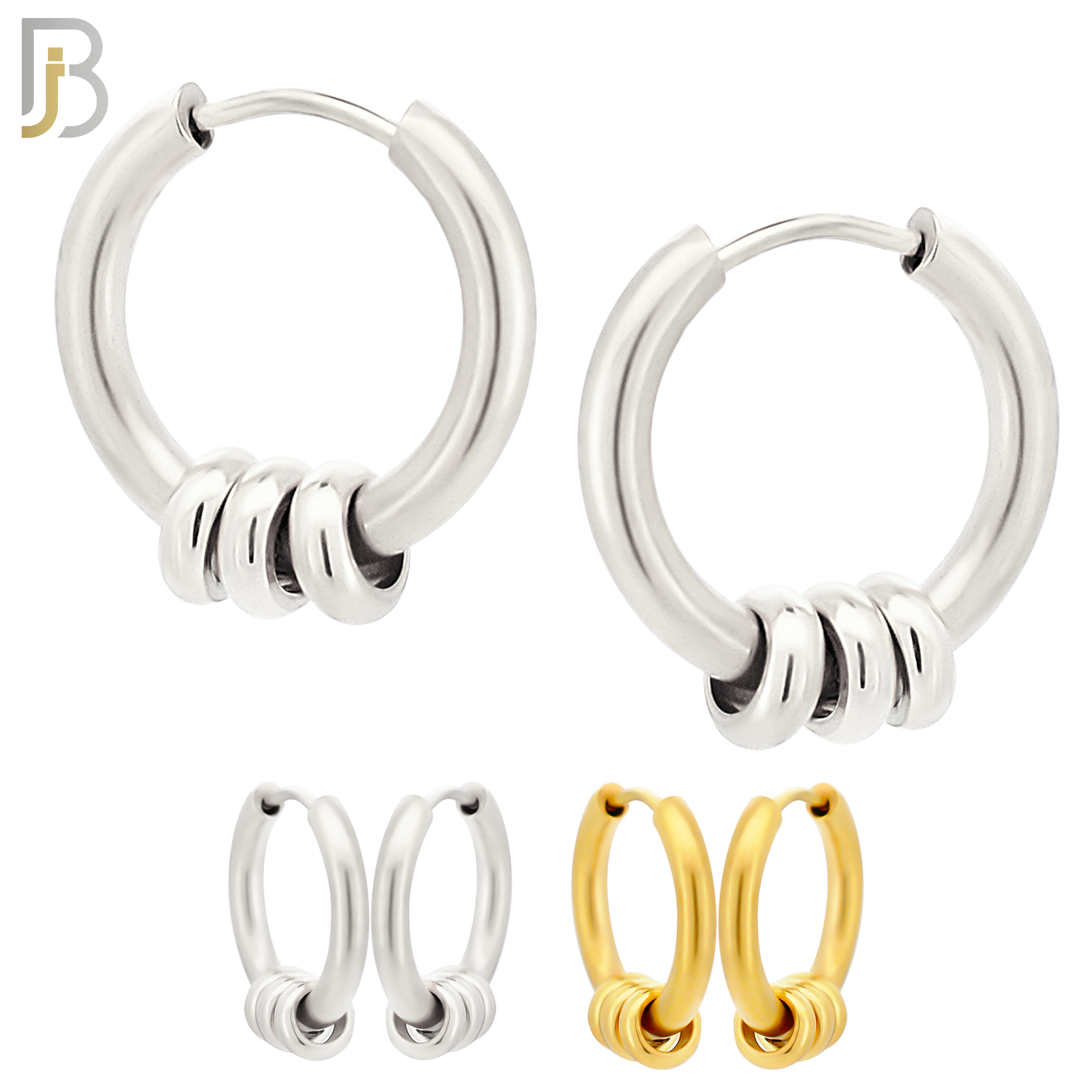 ES175 - 316L Stainless Steel Plain Huggies with 3 Rings  Clip On image 0
