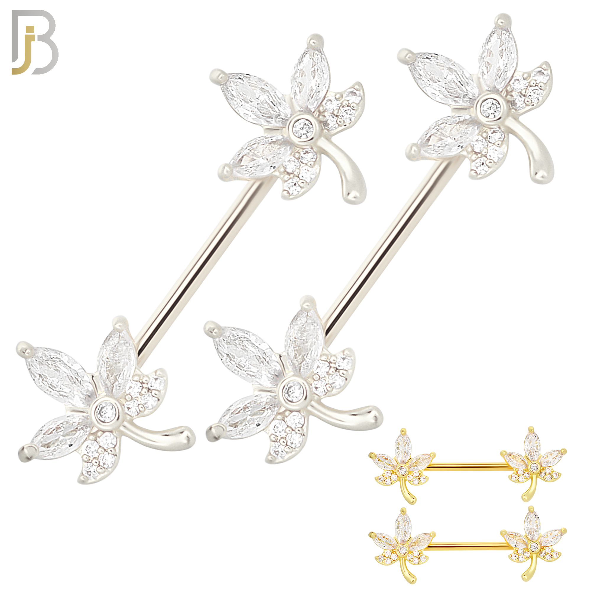 NP63- 316L Surgical Steel Leaf with CZ Design Externally Threaded Nipple Rings (Sold as Pair) image 0