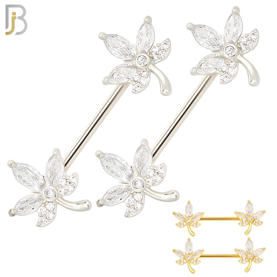 NP63- 316L Surgical Steel Leaf with CZ Design Externally Threaded Nipple Rings (Sold as Pair) image 0