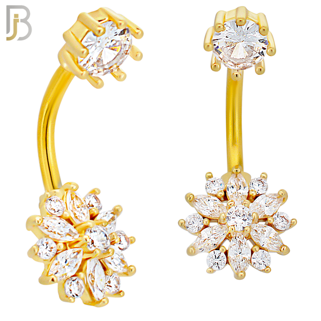 NB53 - 316L Stainless Steel Flower with Zircon Design Banana Belly Ring image 2