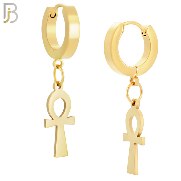 ES88  - 316L Stainless Steel Dangling Ankh Cross Design Huggies Clip On image 3