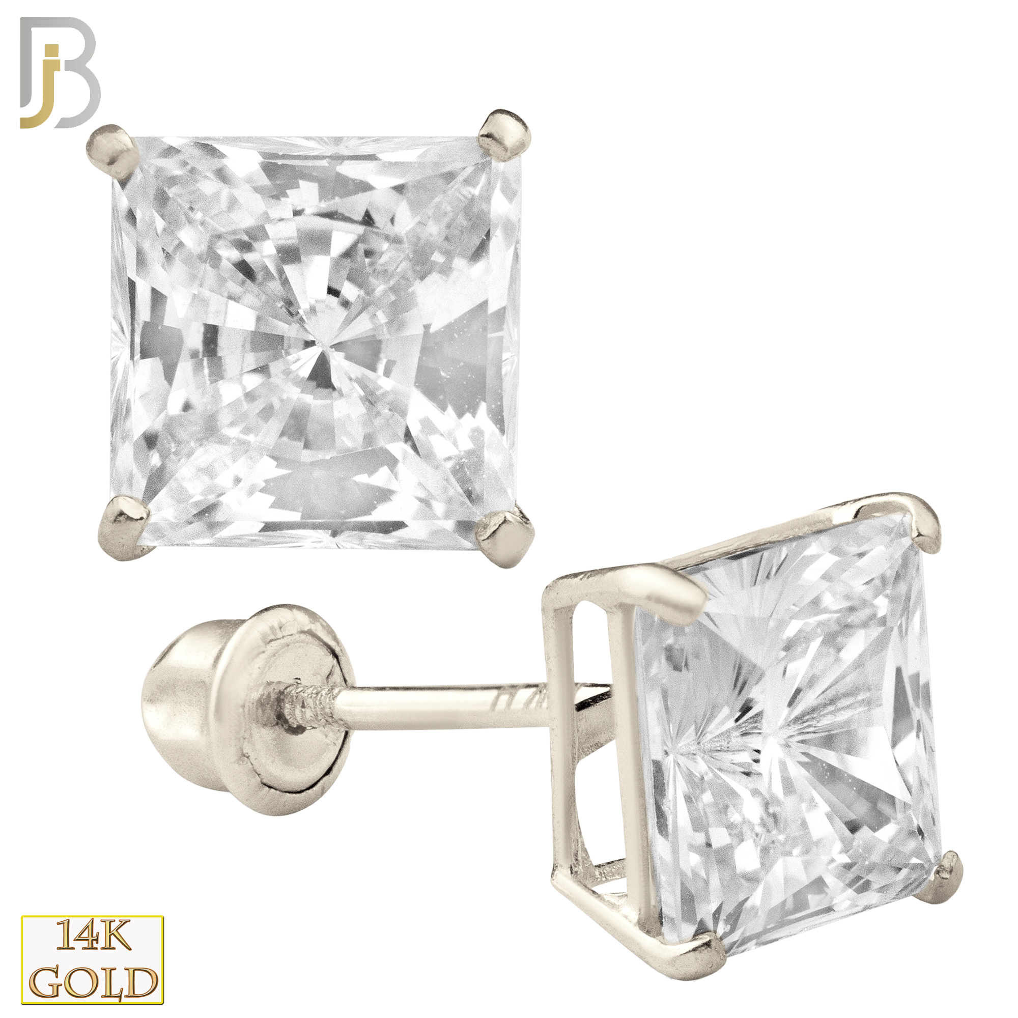 14-ES04SWC - 14k White Gold Screw Back Stud Earrings Casting Prong Setting with Square Clear Zircon image 0