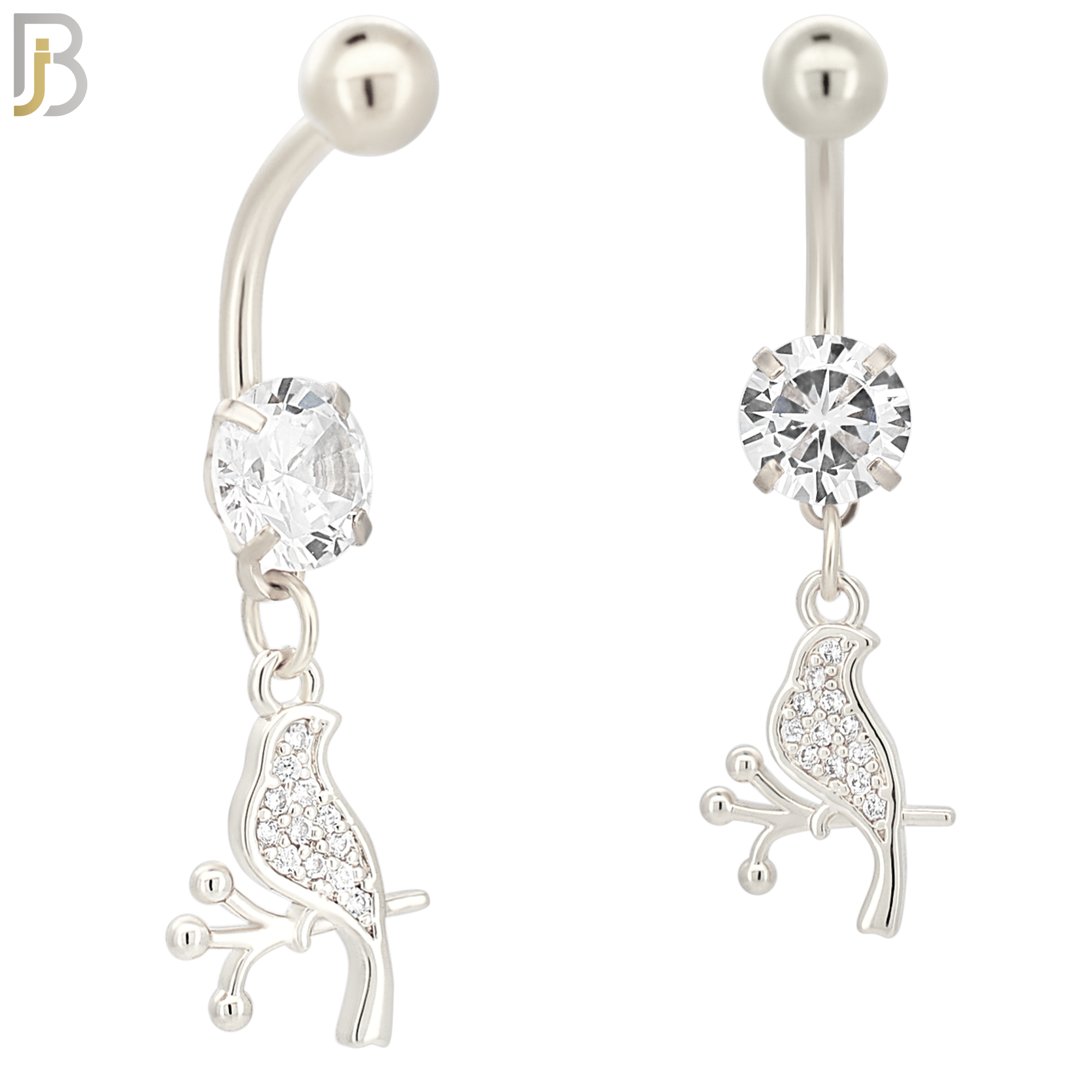 N086  - 316L Stainless Steel Dangling Bird on Branch with CZ Belly Ring image 1