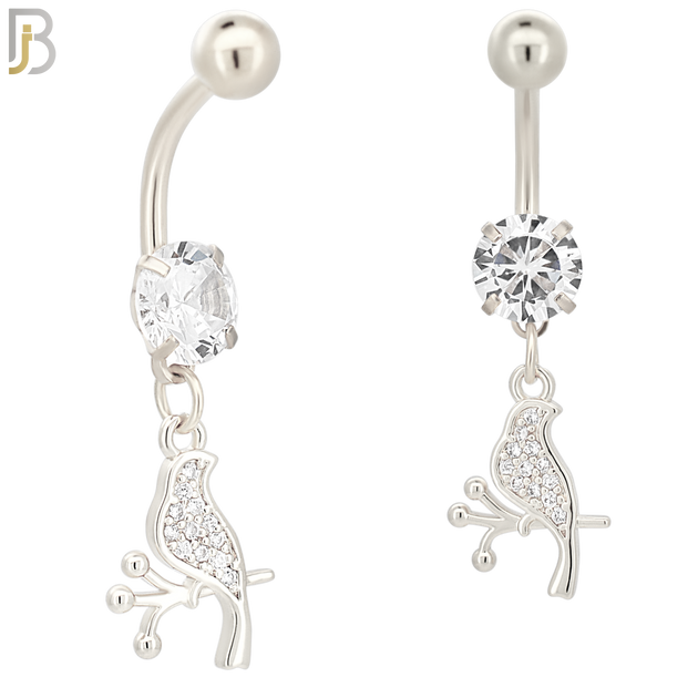 N086  - 316L Stainless Steel Dangling Bird on Branch with CZ Belly Ring image 1