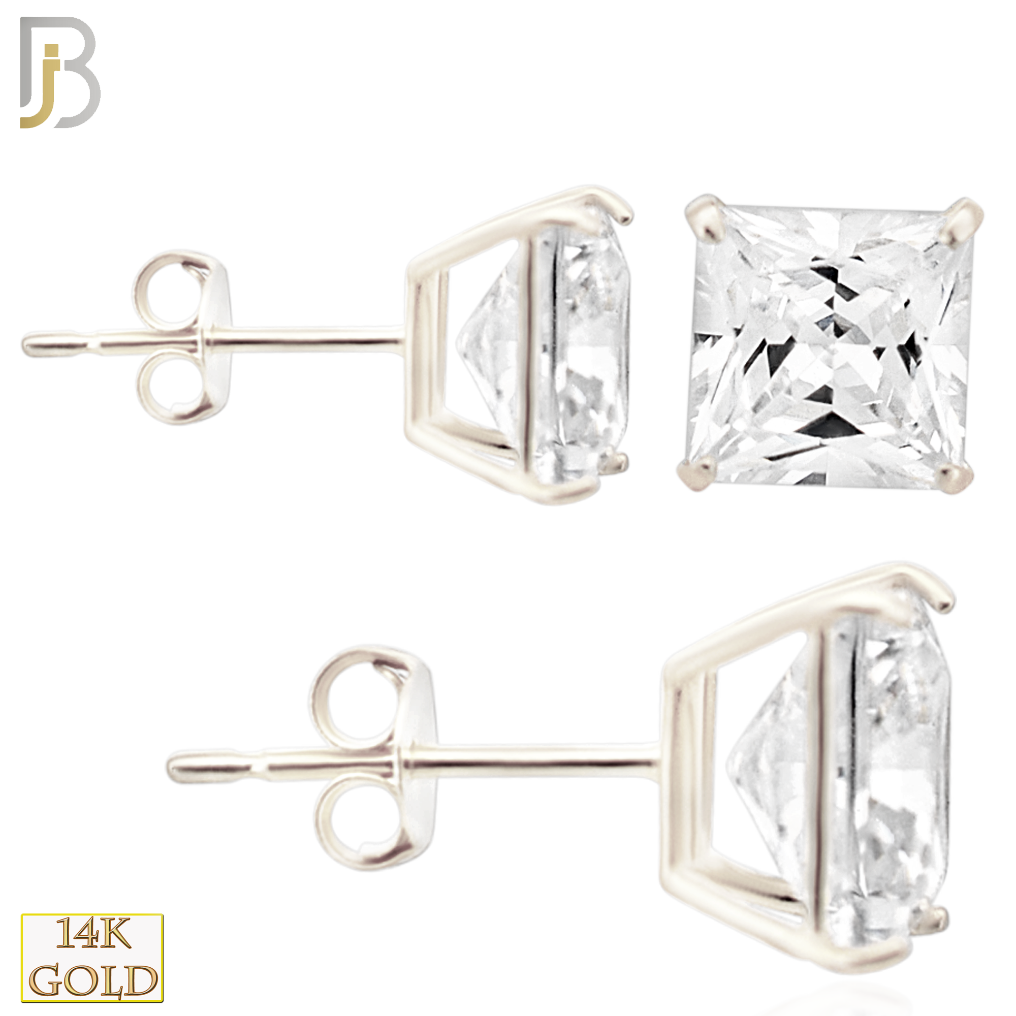 14-ES72WC - 14k Solid White Gold Princess Cut Square Casting Earrings Stud image 0
