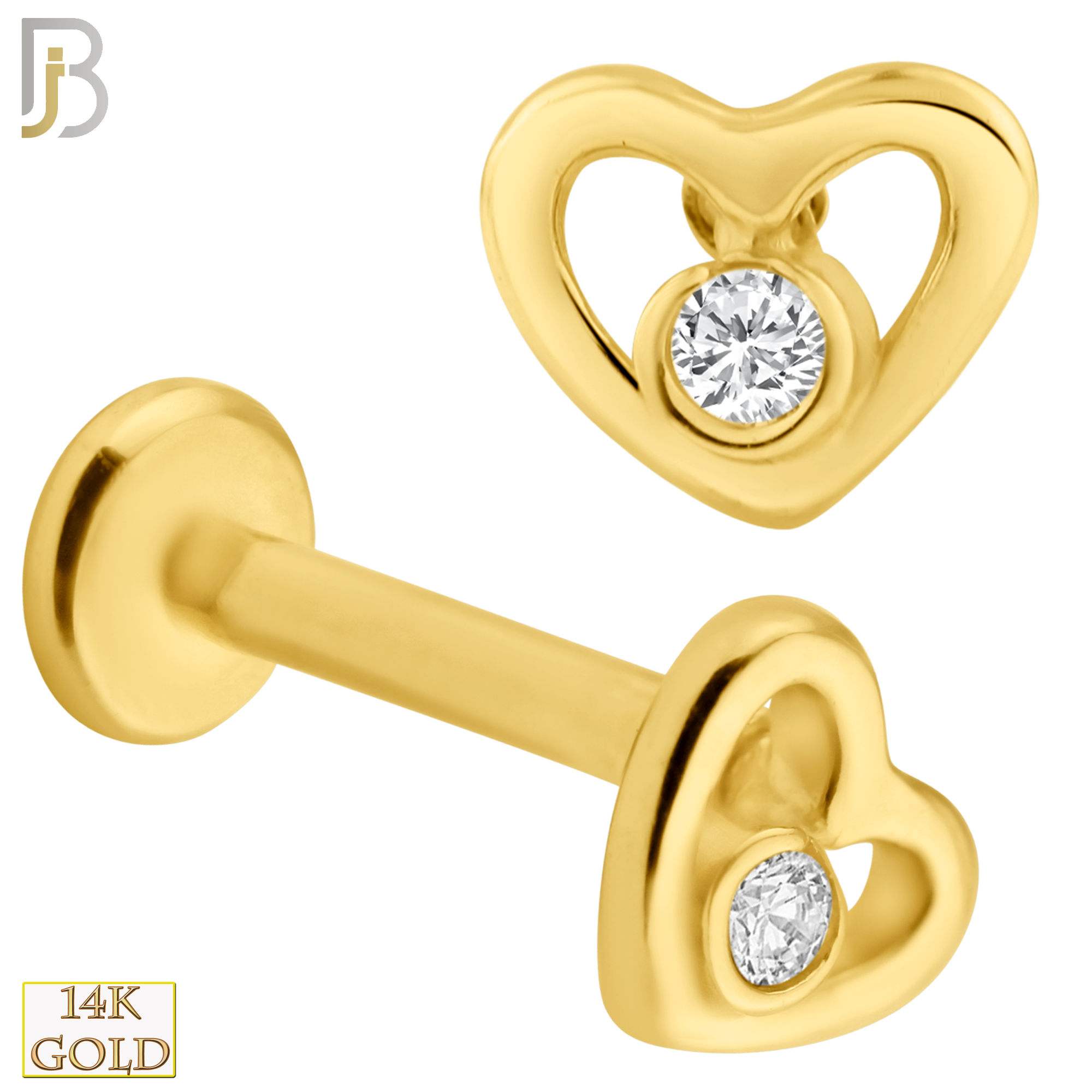 14-LB36 - 14k Solid Gold Hollow Heart with Center Zircon Bezel Setting Internally Threaded Labret image 0