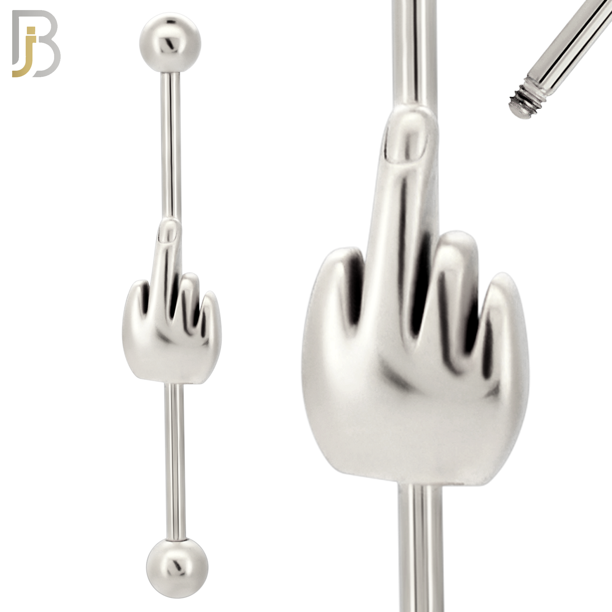 BB41 - 316L Surgical Steel Screw Bar with Alloy Hand/Middle Finger Design Barbell Industrial (PACK OF 4) image 1