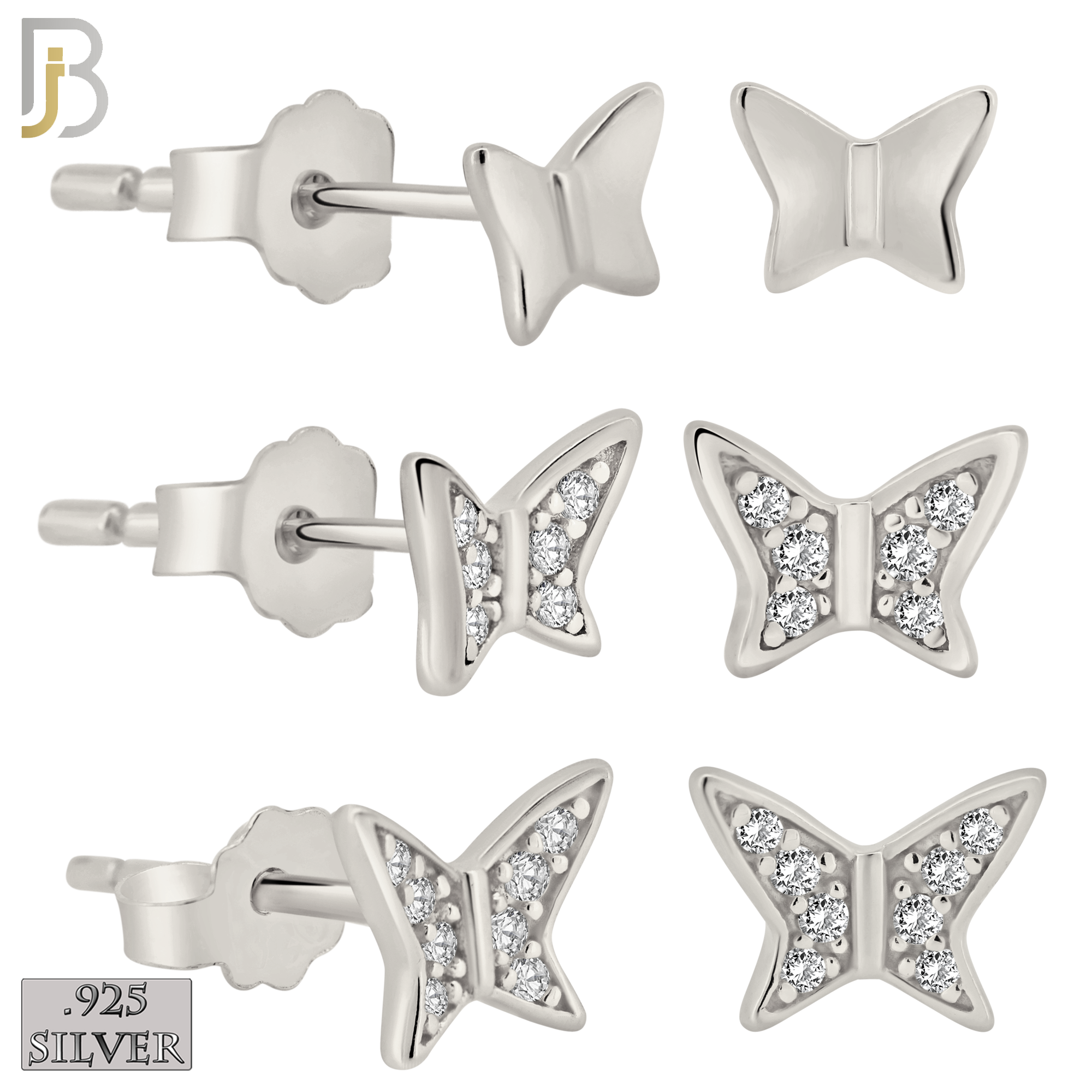925-ES387 - .925 Sterling Silver Three Set Butterfly Stud Earrings (Two CZ Studded Butterfly and Plain Butterfly) image 0