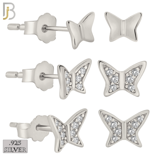 925-ES387 - .925 Sterling Silver Three Set Butterfly Stud Earrings (Two CZ Studded Butterfly and Plain Butterfly) image 0