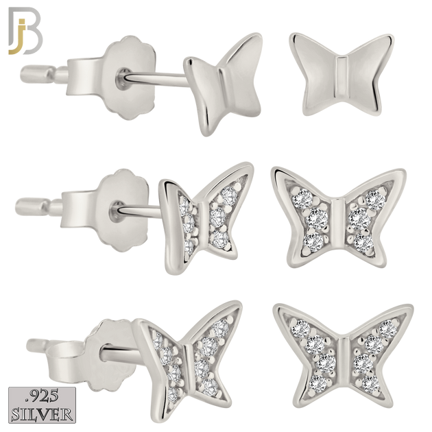 925-ES387 - .925 Sterling Silver Three Set Butterfly Stud Earrings (Two CZ Studded Butterfly and Plain Butterfly) image 0