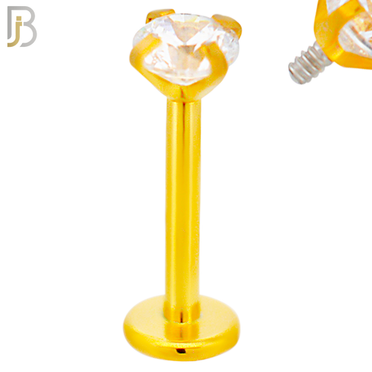 LB14GC16 - 16g 316L Surgical Steel Gold Plated Bar Prong Setting  Zircon Internally Threaded Labret (PACK OF 6) image 3