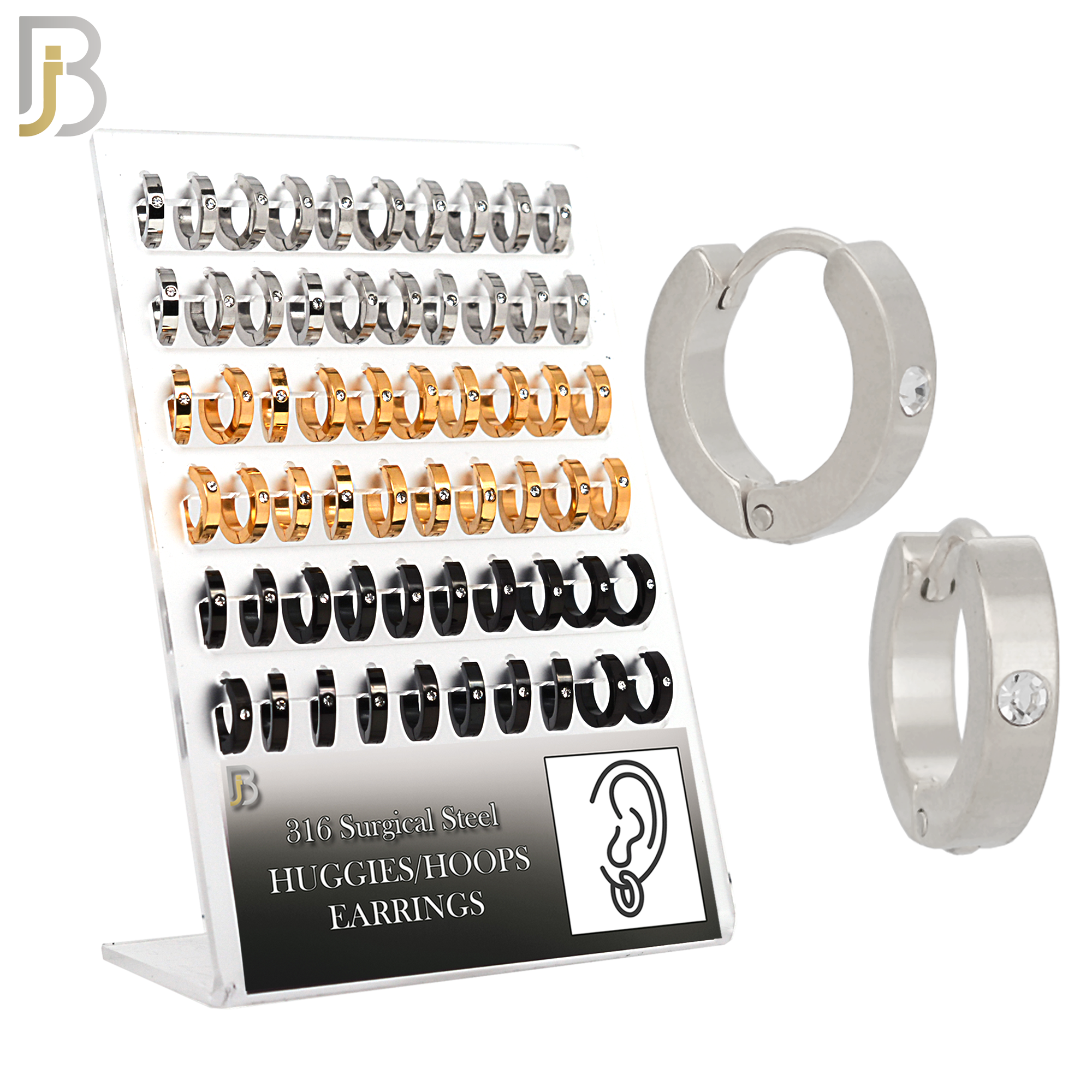 PK-ES116 - 316L Surgical Steel Plain Huggies with Single Zircon Earrings Pack of 30 Pairs image 0