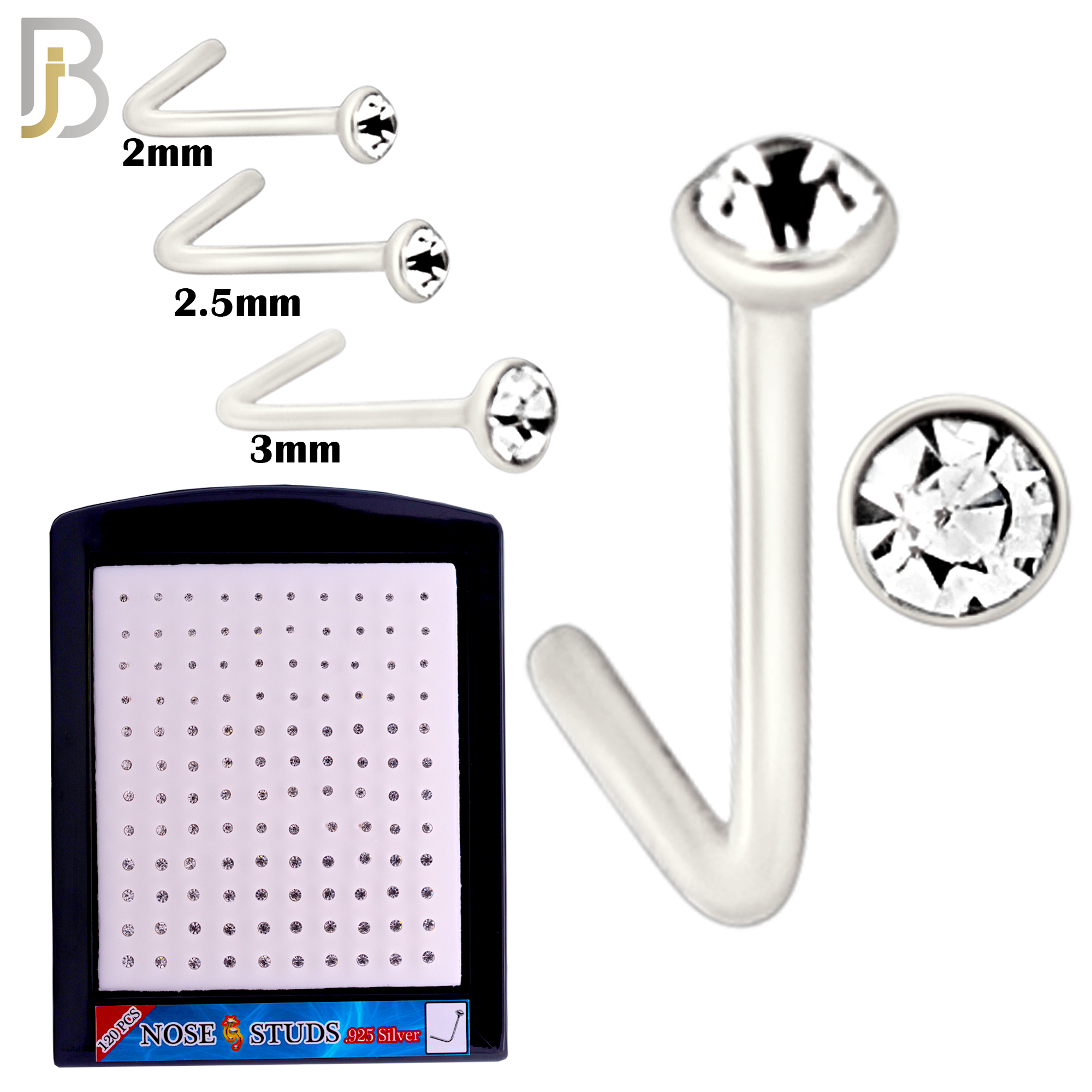 925-PK-NR06S-3C2 - Mixed of 2, 2.5, 3mm Clear CZ 22g Thickness  925 Sterling Silver Nose Studs, L-Shape Press Fit Packages Pack of 120. image 1