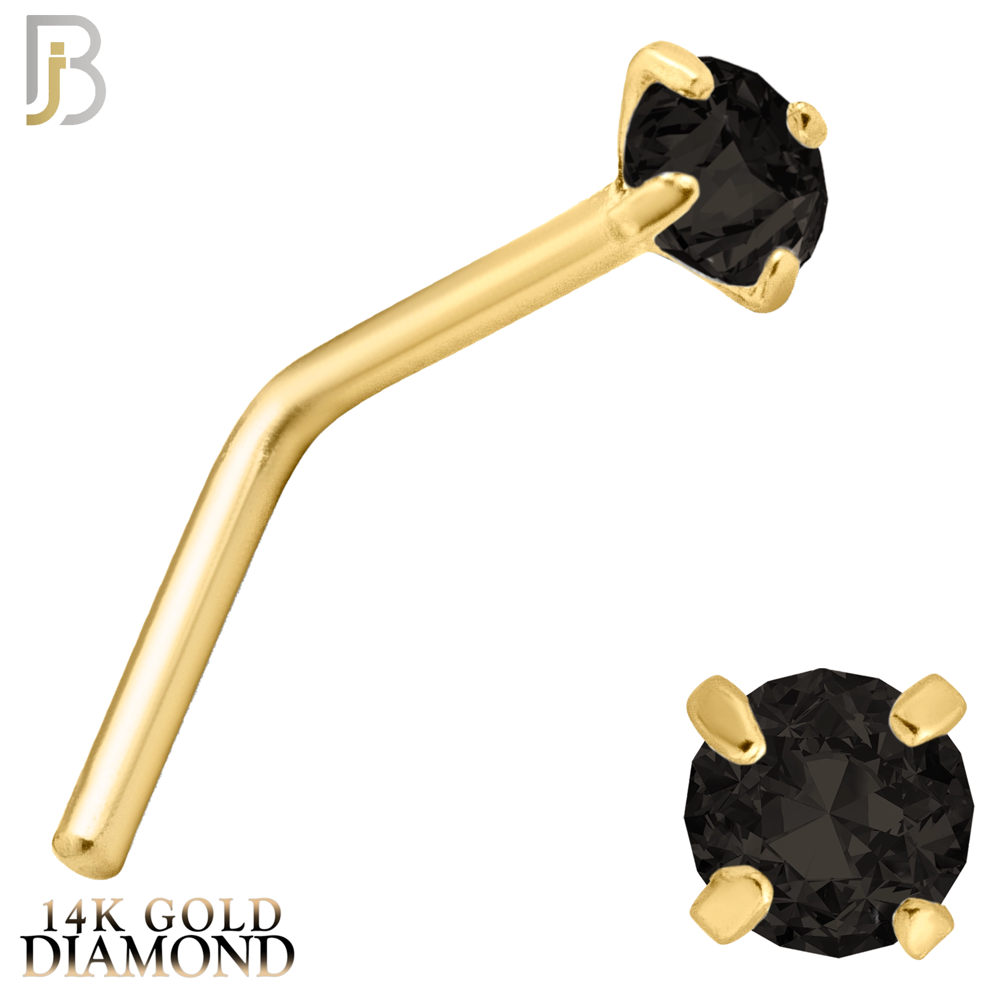 14-NR10DYK-20 - 14k Yellow Gold L-Shaped Nose Ring with Black Natural Diamond in Prong Setting - 2mm image