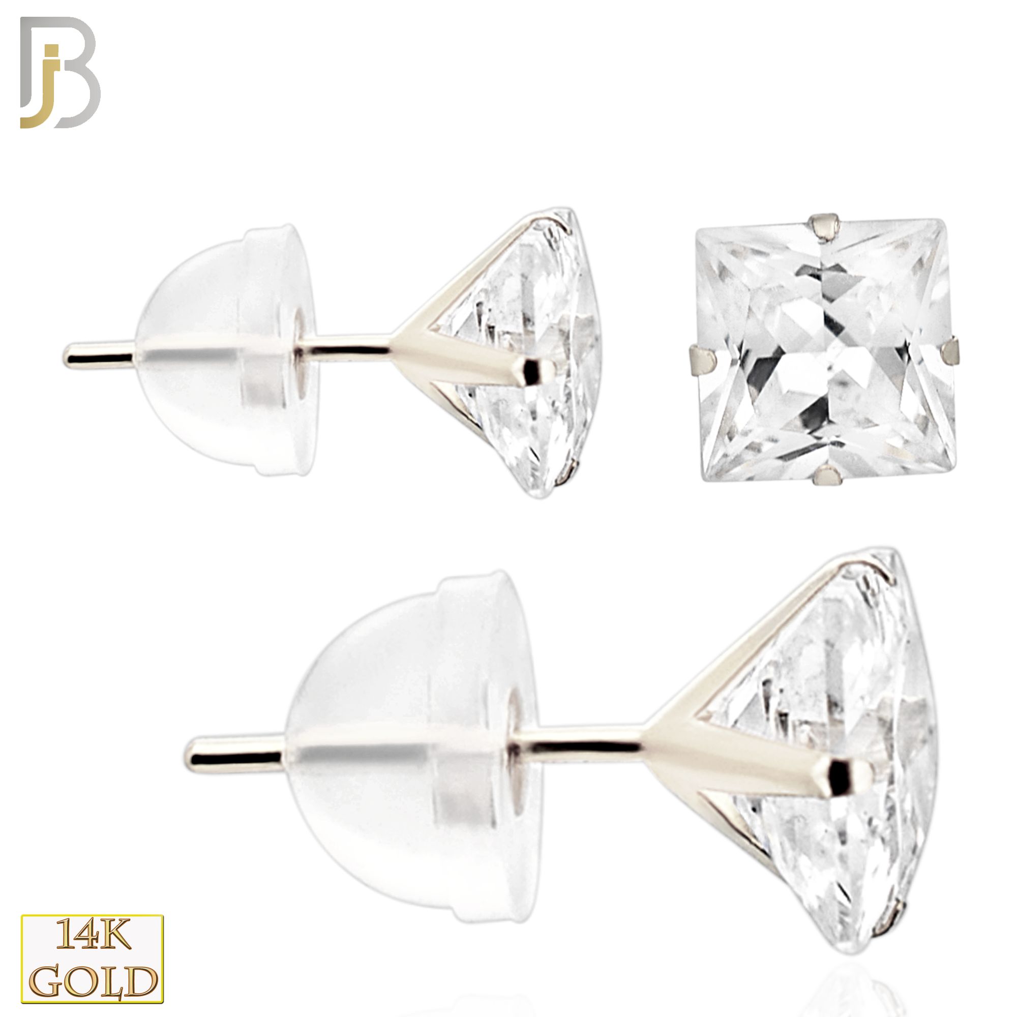 14-ES09WC - 14k White Gold Silicone Back Stud Earrings Stamping Prong Setting with Square Clear Zircon image 0