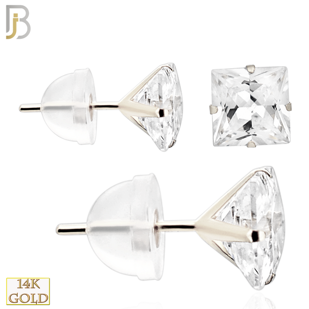 14-ES09WC - 14k White Gold Silicone Back Stud Earrings Stamping Prong Setting with Square Clear Zircon image 0