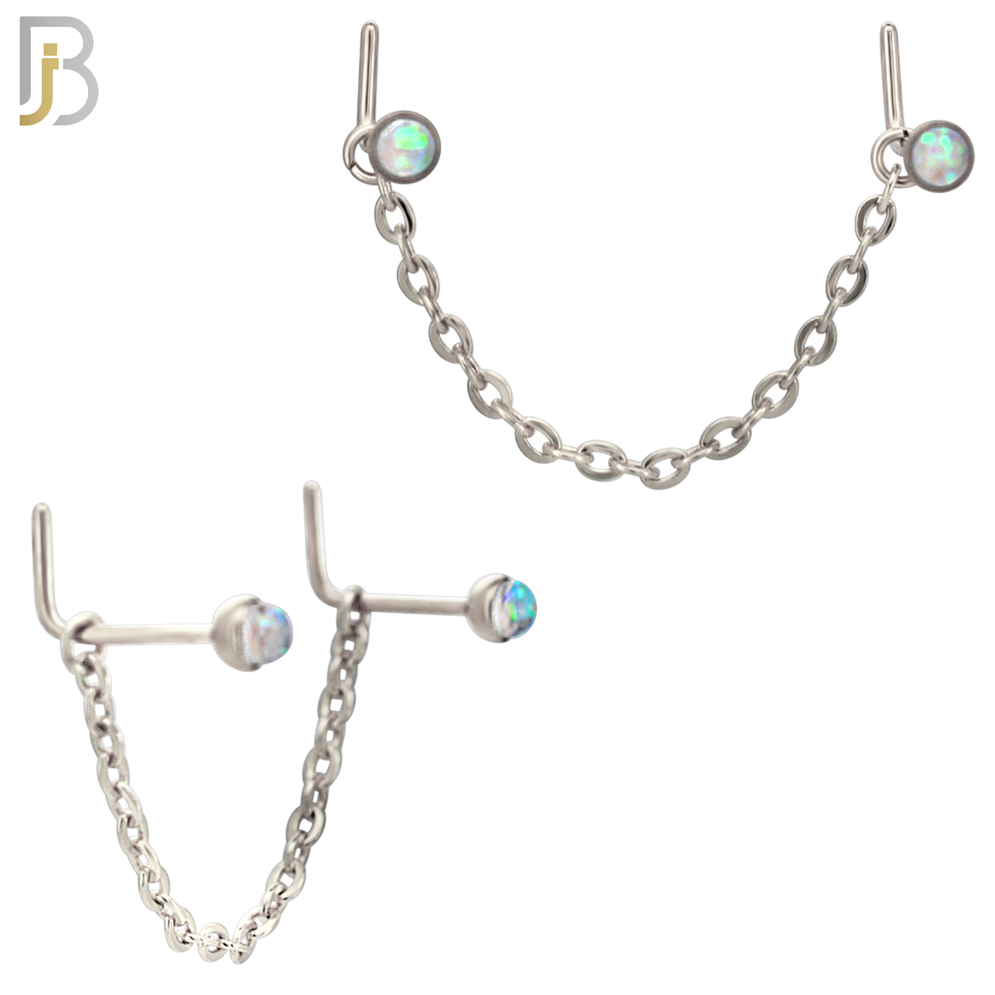 NR124L - 316 Surgical Steel Double L-Shaped Nose Rings with Opalite Stones and Single Chain Link - (Pack of 3) image 2