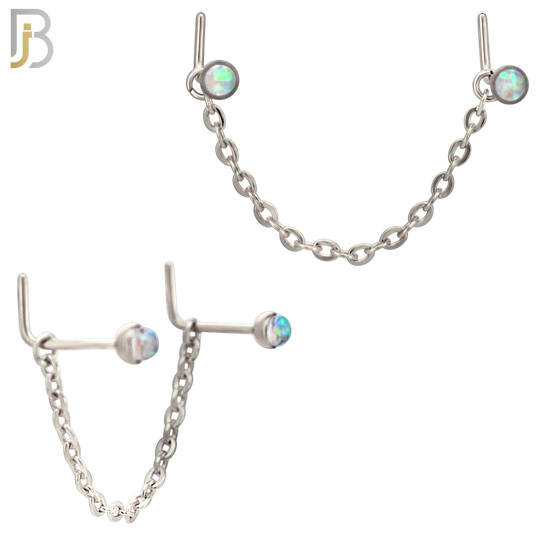 NR124L - 316 Surgical Steel Double L-Shaped Nose Rings with Opalite Stones and Single Chain Link - (Pack of 3) image 2