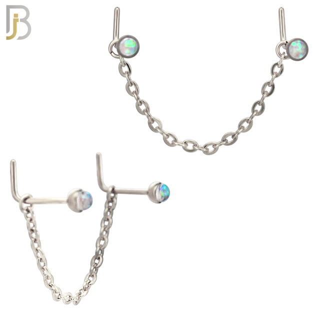NR124L - 316 Surgical Steel Double L-Shaped Nose Rings with Opalite Stones and Single Chain Link - (Pack of 3) image 2