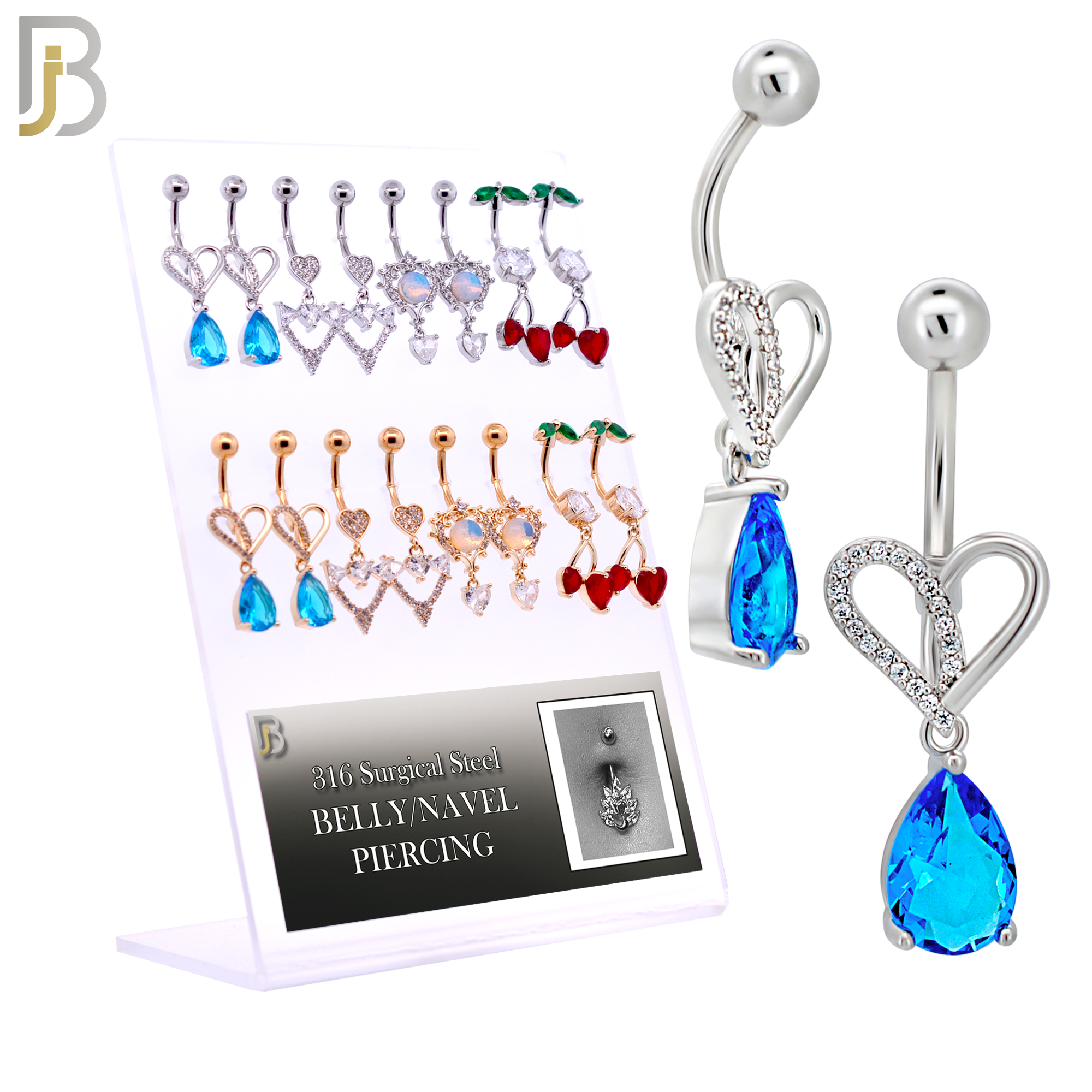 PK-N010 - 316L Surgical Steel Four Different Heart Designs Dangling Belly Rings - Pack of 16 Pieces image 0