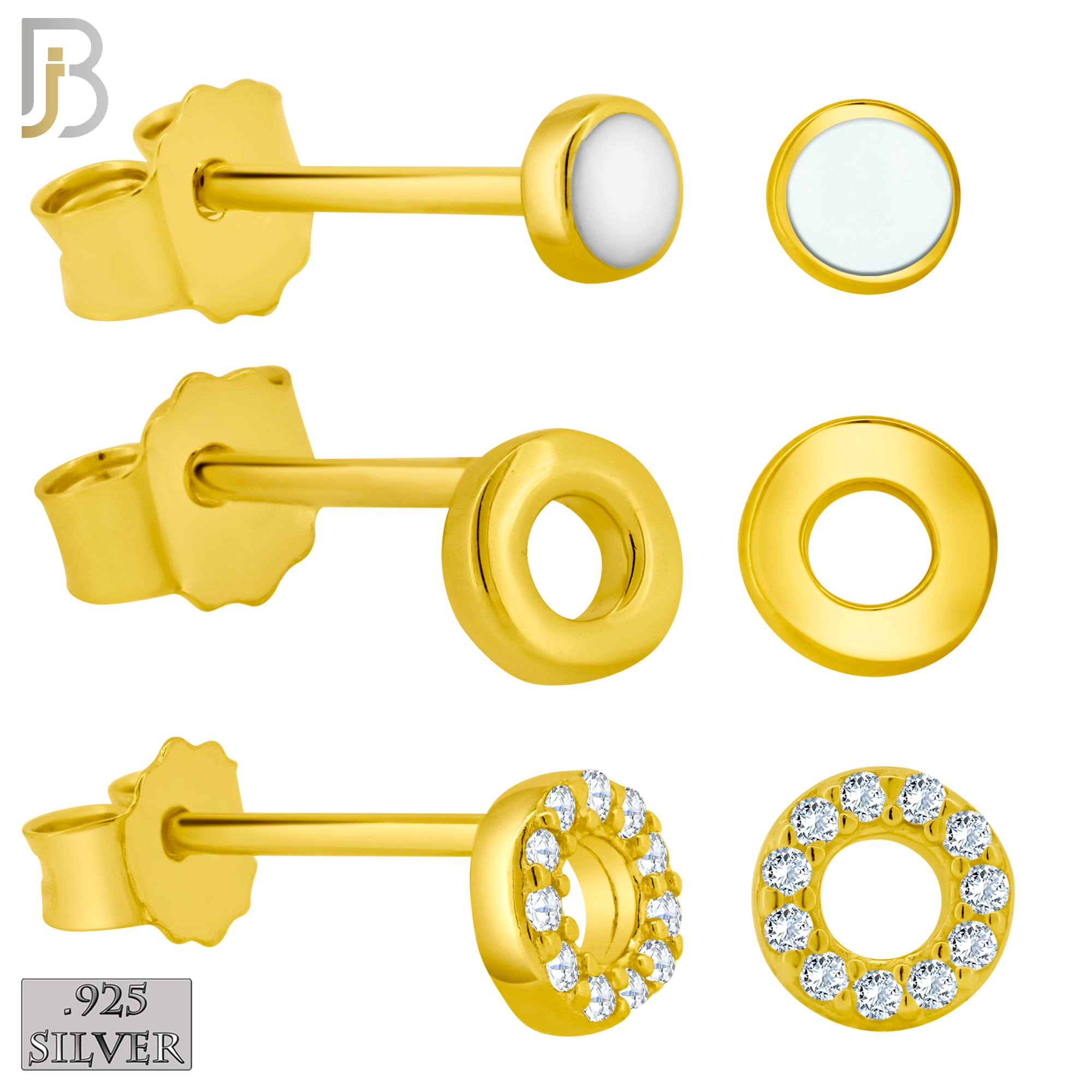925-ES385 - .925 Sterling Silver Three Set of Circle Stud Earrings (Plain Hollow Circle, CZ Studded Hollow Circle, Circle White Enamel) image 1