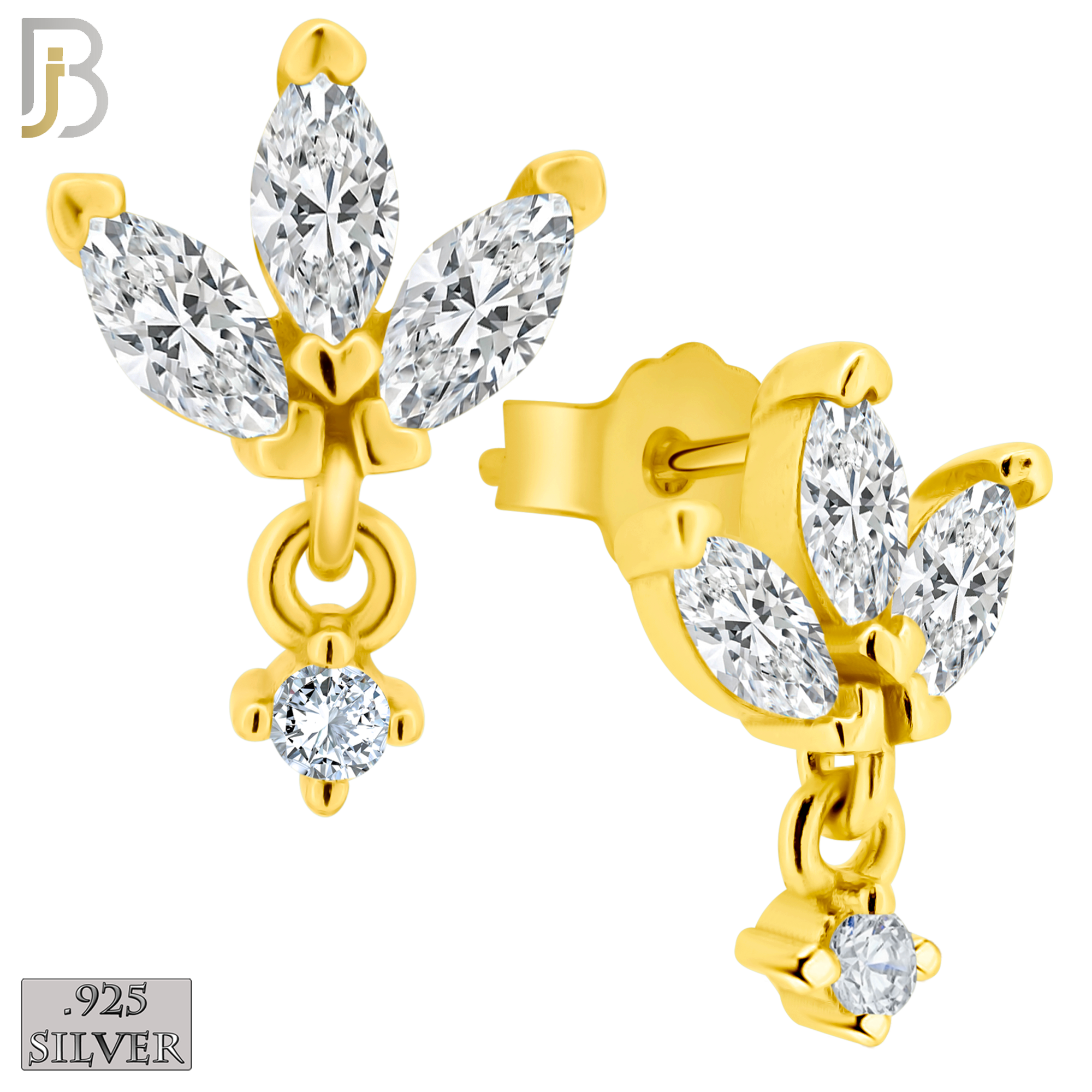 925-ES422 - Push Back - 925 Sterling Silver Three Leaf Stud Earrings with Dangling Zircon image 1