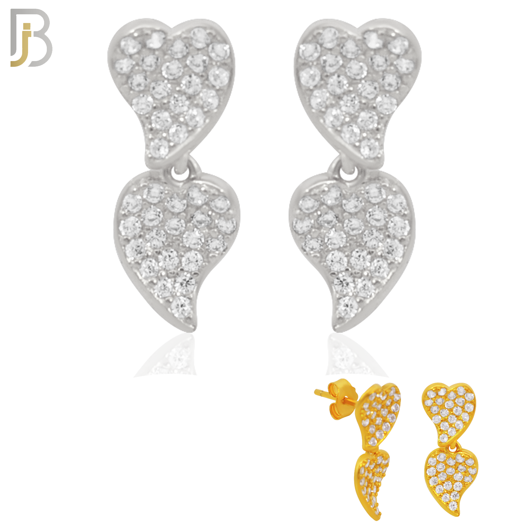 925-ES304 - .925 Sterling Silver Double Heart with Zircon Design Stud Earrings image 0
