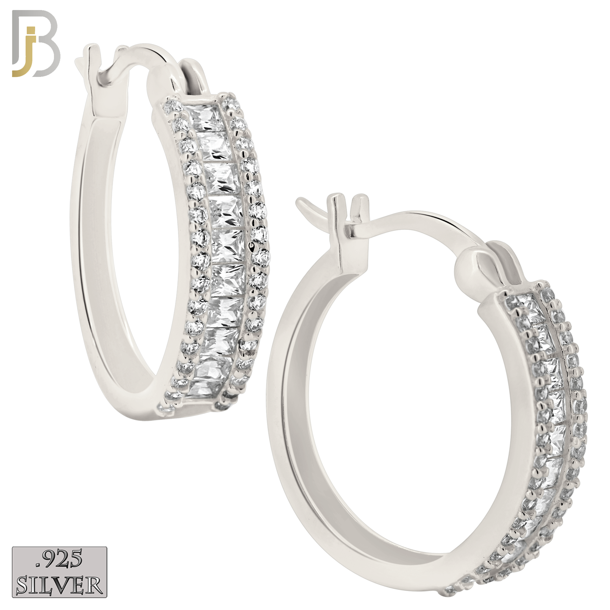 925-ES397 - .925 Sterling Silver Baguette CZ Studded Hoop Earrings image 0