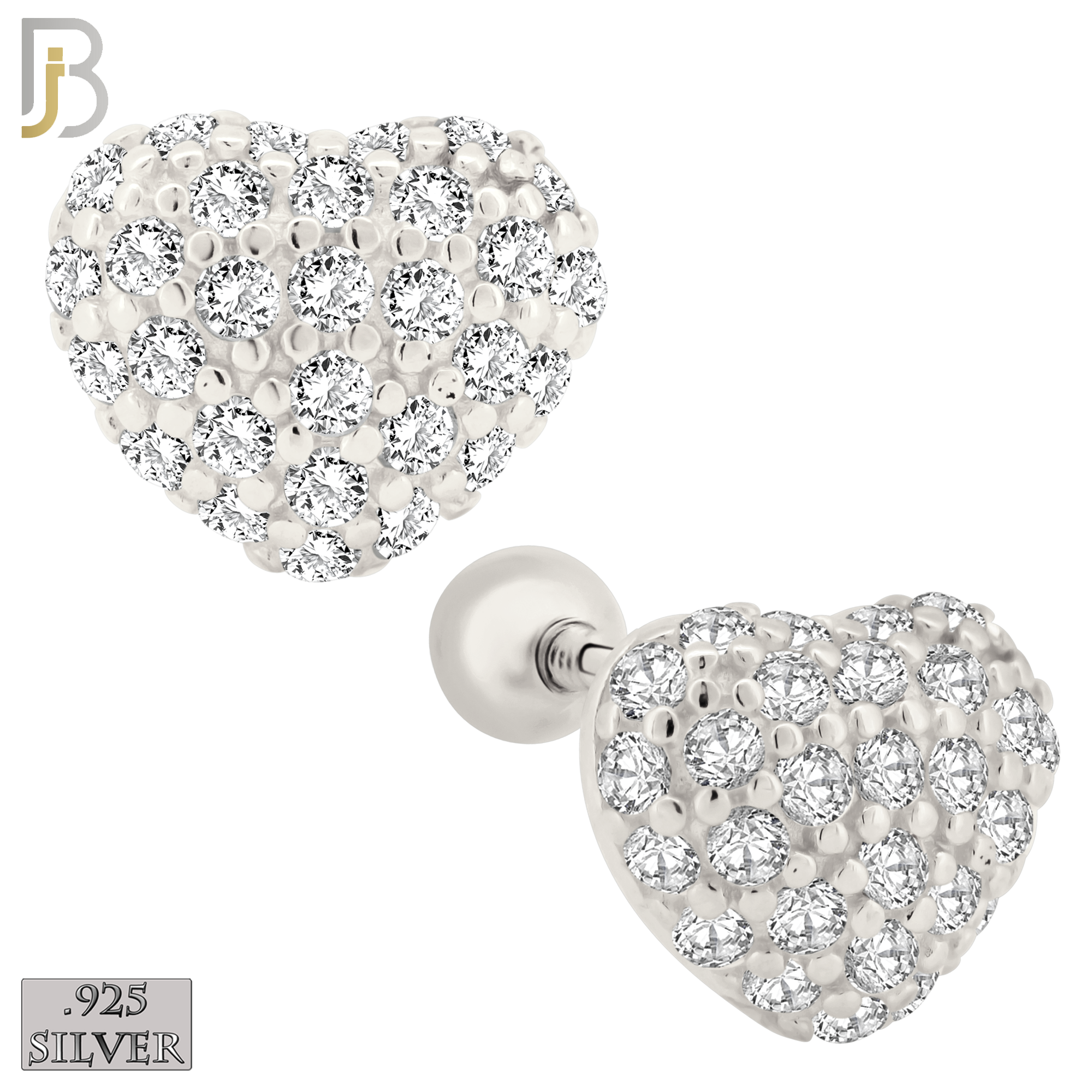 925-ES210 - Screw Ball Back - .925 Sterling Silver Heart Stud Earring with Clear Zircon Design image 1