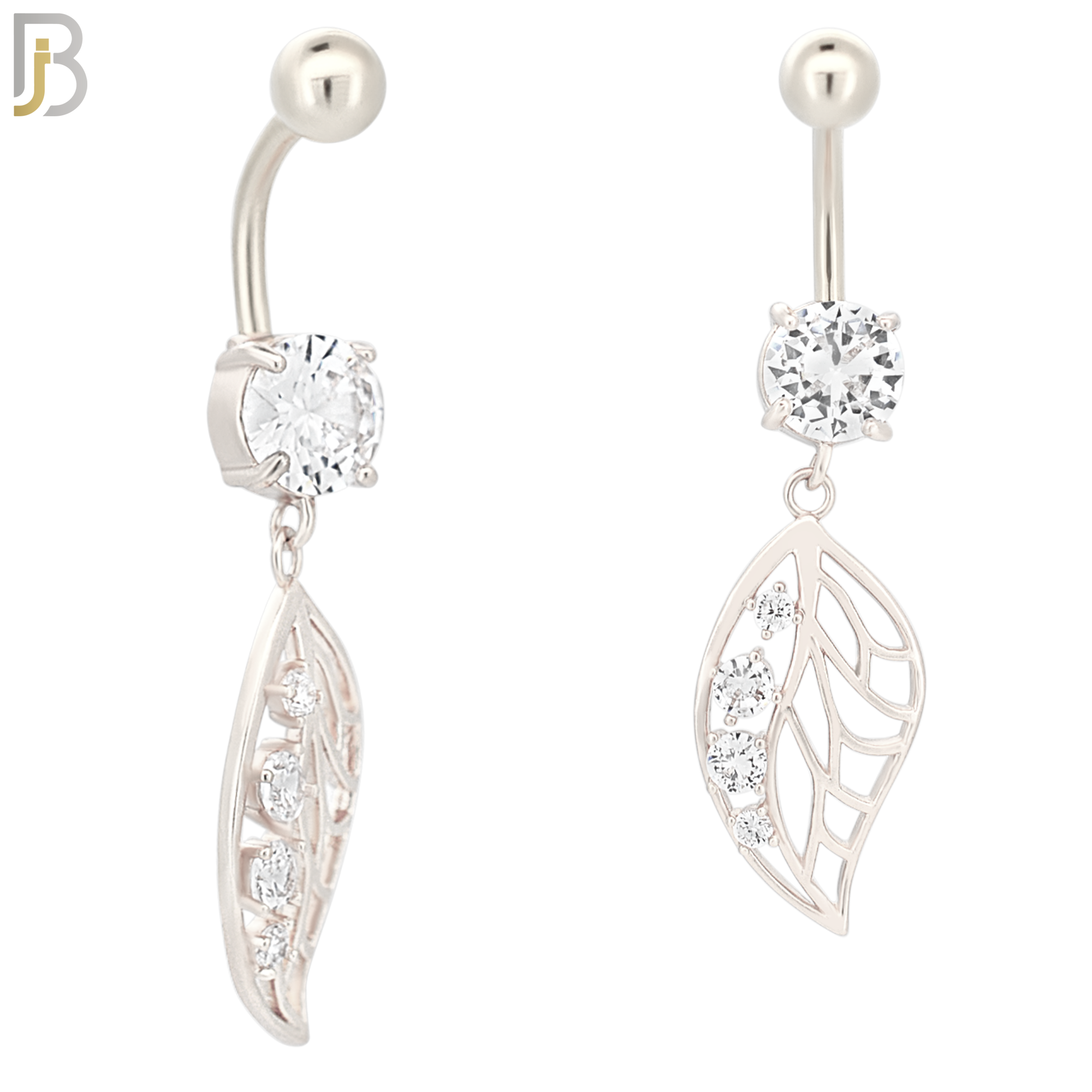 N032 - 316L Stainless Steel Dangling Leaf with 4 Prong Set Zircon Design Belly Ring with 5mm Screw Ball image 1