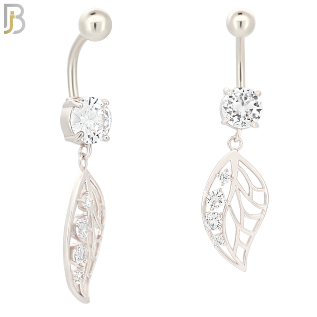 N032 - 316L Stainless Steel Dangling Leaf with 4 Prong Set Zircon Design Belly Ring with 5mm Screw Ball image 1