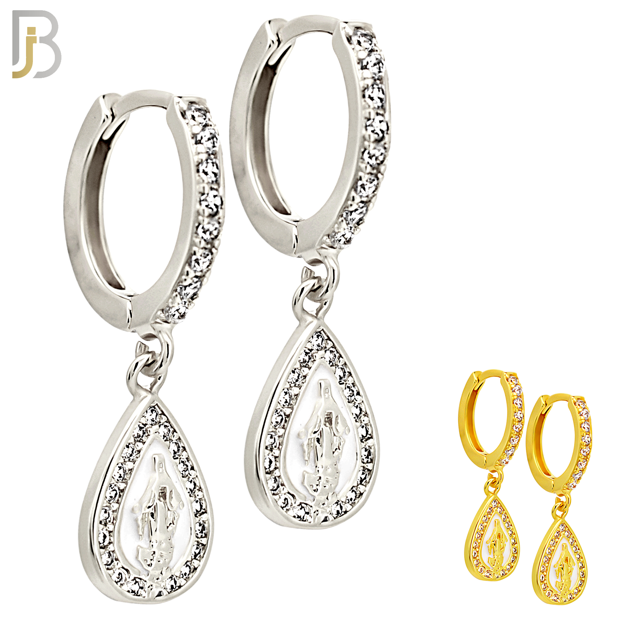 ES498 - 316L Stainless Steel Dangling Tear Drop Virgin Mary Huggies Earrings image 0