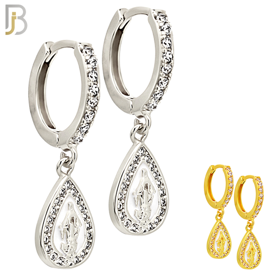 ES498 - 316L Stainless Steel Dangling Tear Drop Virgin Mary Huggies Earrings image 0