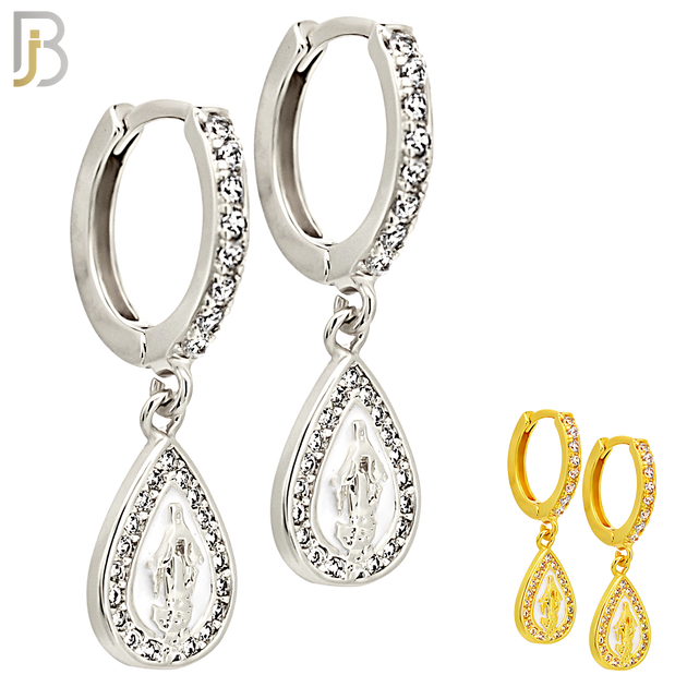 ES498 - 316L Stainless Steel Dangling Tear Drop Virgin Mary Huggies Earrings image 0